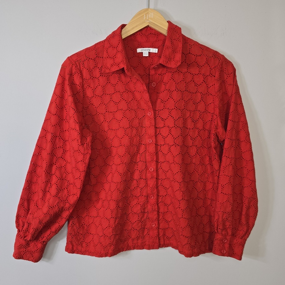 Chicos Heart Eyelet Button Down Shirt Red Size 2 12 L Collared Blouse Holiday